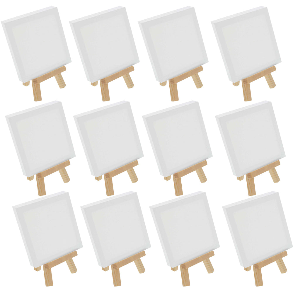 5" x 5" Stretched Canvas with 8" Mini Natural Wood Display Easel Kit (Pack of 12), Artist Tripod Tabletop Holder Stand - Painting Party, Oil Acrylic