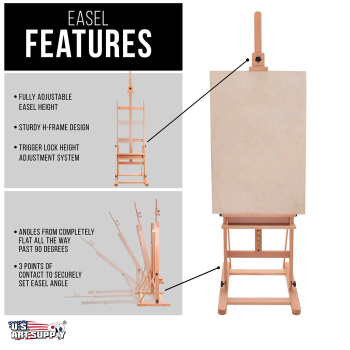 Medium Wooden H-Frame Studio Easel with Artist Storage Tray - Mast Adjustable to 96" High, Holds Canvas to 48 " - Sturdy Beechwood Holder Floor Stand