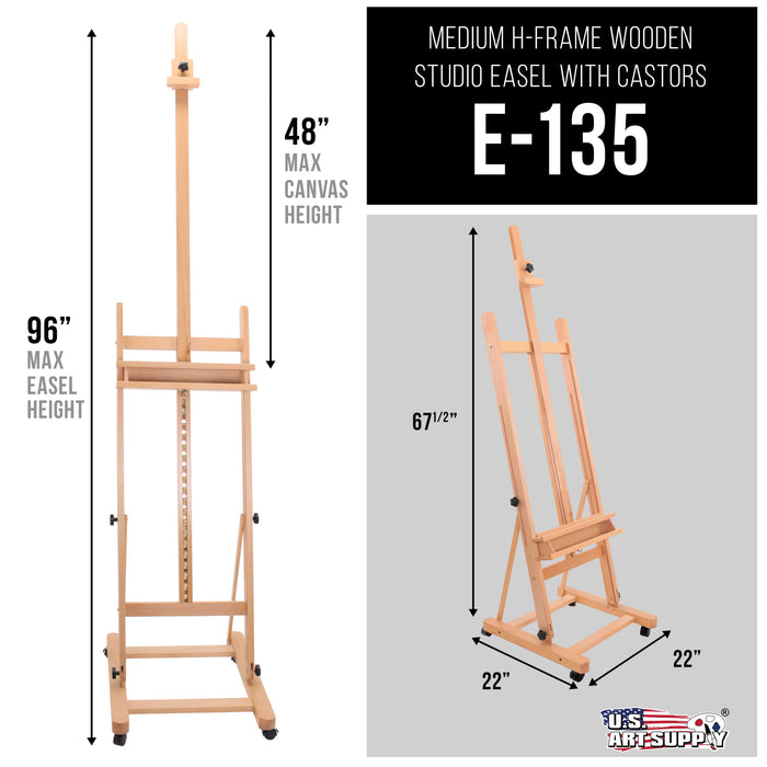 Medium Wooden H-Frame Studio Easel with Artist Storage Tray and Wheels - Mast Adjustable to 96" High, Holds Canvas to 48" Sturdy Beechwood Floor Stand