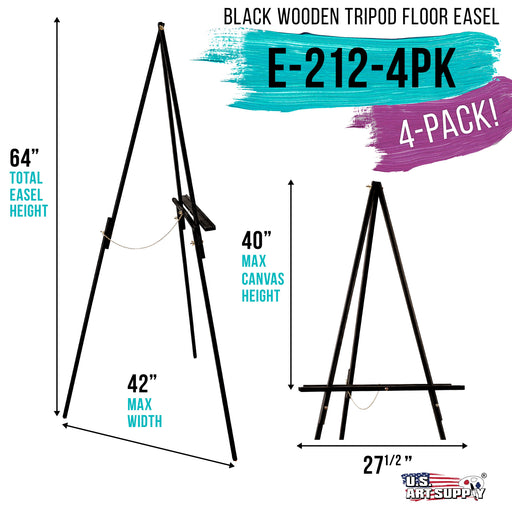 64" High Black Torrey Wooden A-Frame Tripod Studio Artist Floor Easel, 4 Pack - Adjustable Tray Height, Holds 40" Canvas - Wood Display Holder Stand