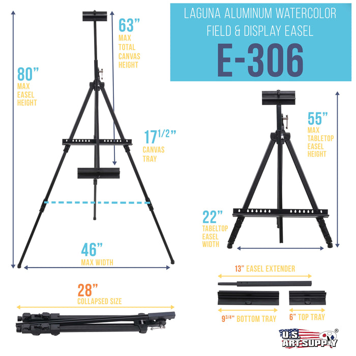 80" High Aluminum Artist Watercolor Field Display Easel Stand, Adjustable Height Floor Tabletop Tripod, Holds Canvas Up To 63" Vertical 40" Horizontal