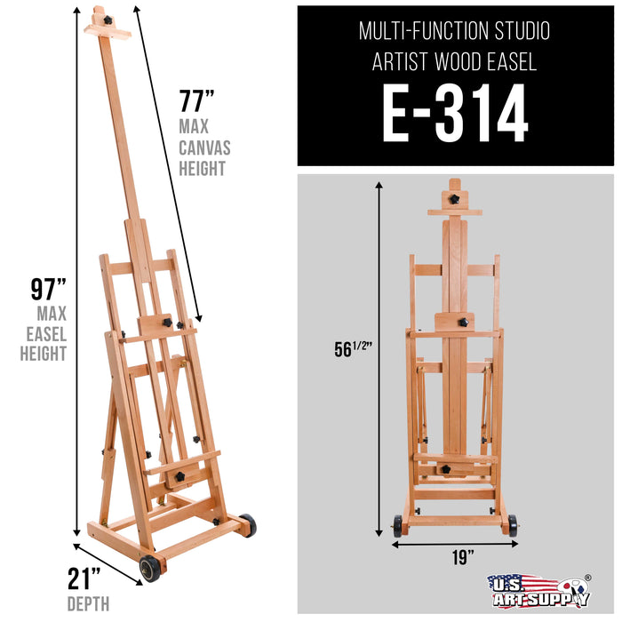 Multi-Function Studio Artist Wooden Floor Easel - Large Adjustable H-Frame, Tilts Flat, Mast Adjusts to 97" High - Sturdy Beechwood Painting Canvas