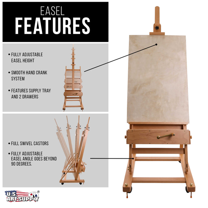 Rocker Crank Wooden Adjustable Studio Easel - Extra Large Heavy Duty H-Frame, Mast to 132", Canvas to 81", Artist Storage Tray, Drawers - Beechwood