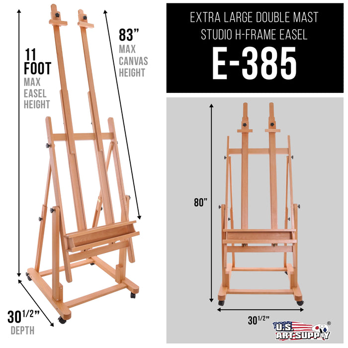 Extra Large Double Mast Wooden H-Frame Studio Floor Easel with Artist Storage Tray - Adjustable, Tilts Flat, Premium Beechwood Canvas Painting Holder