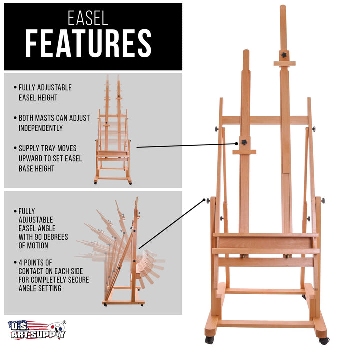 Extra Large Double Mast Wooden H-Frame Studio Floor Easel with Artist Storage Tray - Adjustable, Tilts Flat, Premium Beechwood Canvas Painting Holder