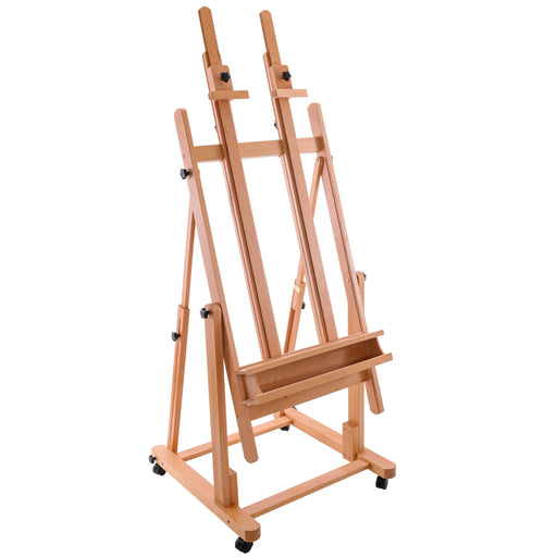 Extra Large Double Mast Wooden H-Frame Studio Floor Easel with Artist Storage Tray - Adjustable, Tilts Flat, Premium Beechwood Canvas Painting Holder