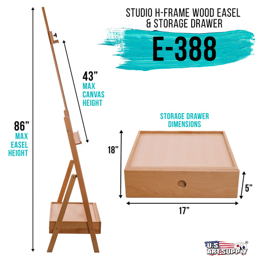 Nantucket Extra Large Wooden H-Frame Studio Easel, Artist Storage Drawer and Shelf - Mast Adjustable to 86" High, Sturdy Beechwood Canvas Holder Stand
