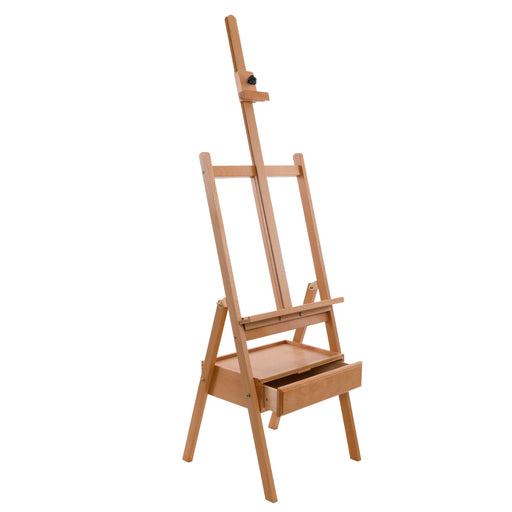 Large Wooden H-Frame Studio Easel with Artist Storage Drawer and Shelf - Mast Adjustable to 75" High, Sturdy Beechwood Canvas Holder Stand - Organized