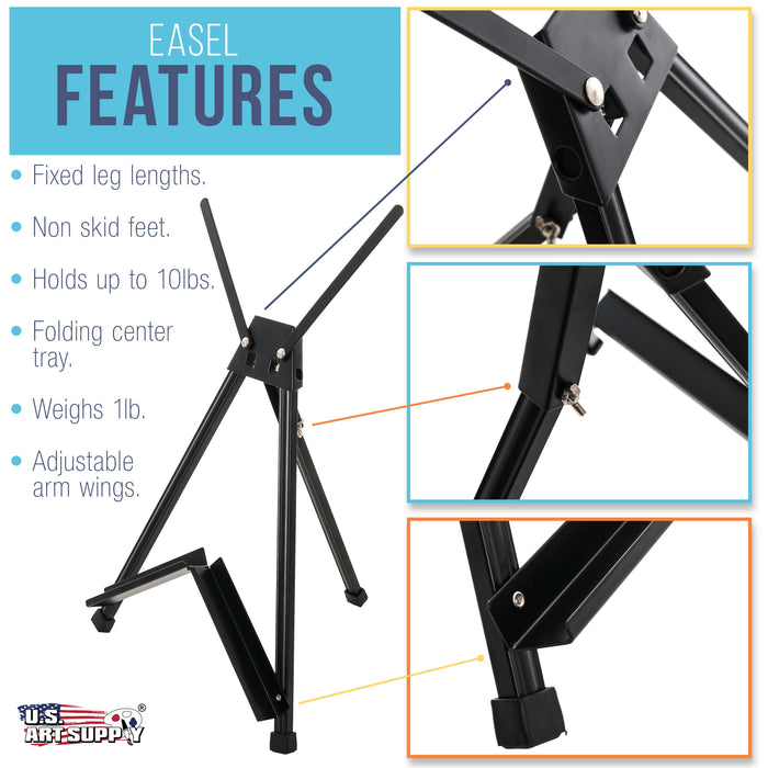 15" to 21" High Adjustable Black Aluminum Tabletop Display Easel with Extension Arm Wings - Portable Artist Tripod Folding Frame Stand - Holds Canvas