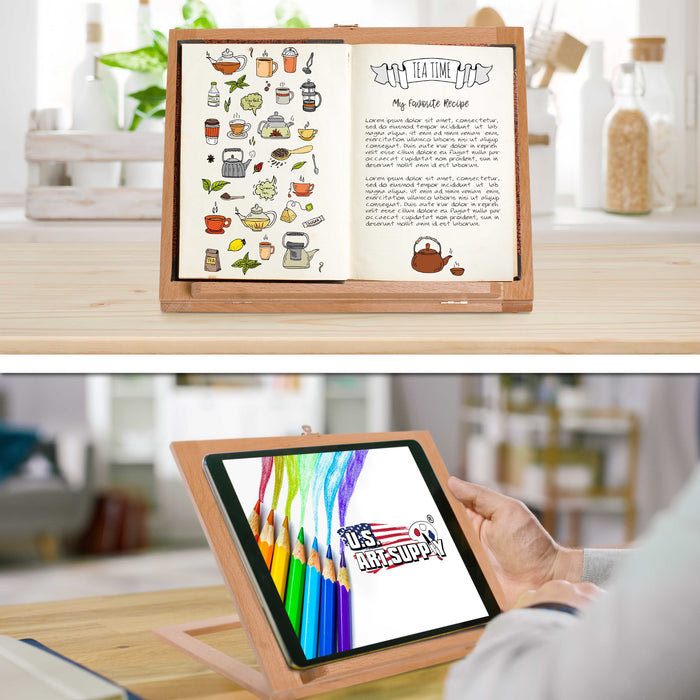 Wooden Table Bookrack Easel Cookbook Stand Textbook Tablet Rest - Premium Beechwood, Adjustable Incline - Portable Wood Kitchen Countertop Recipe Rack