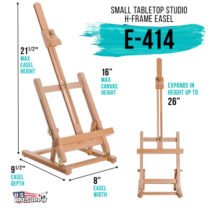 Small Tabletop Wooden H-Frame Studio Easel - Artists Adjustable Beechwood Painting & Display Easel, Holds Up To 16" Canvas - Sturdy Table Desktop