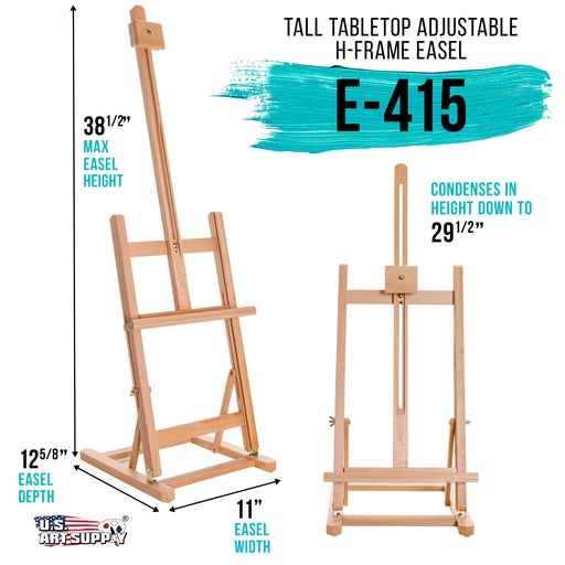 38" High Tabletop Wooden H-Frame Studio Easel - Artists Adjustable Beechwood Painting and Display Easel, Holds Up To 22" Canvas, Portable Sturdy Table