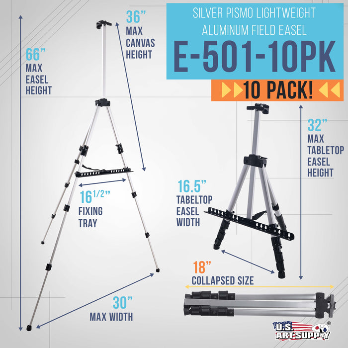 U.S. Art Supply 66" Silver Metal Tripod Easel Display (10 Pack) - Adjustable 18"- 5.5', Holds 36" Canvas - Floor/Tabletop Easel Stand, For Sign Display, Painting, Poster Board, Canvas - Portable Bag