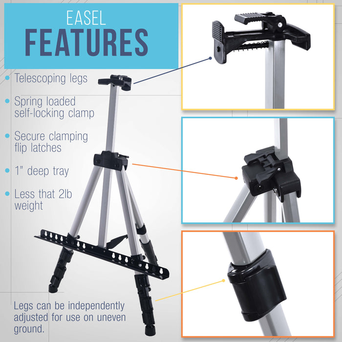 U.S. Art Supply 66" Silver Metal Tripod Easel Display (10 Pack) - Adjustable 18"- 5.5', Holds 36" Canvas - Floor/Tabletop Easel Stand, For Sign Display, Painting, Poster Board, Canvas - Portable Bag