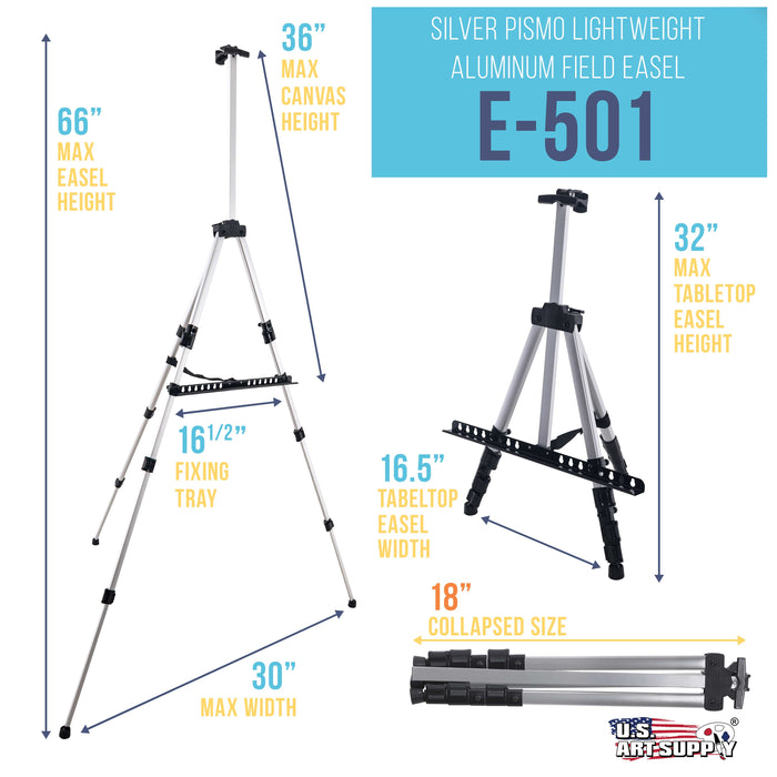 66" Sturdy Silver Aluminum Tripod Artist Field & Display Easel Stand - Adjustable Height 20" to 5.5 ft, Holds 32" Canvas, Floor Tabletop Display Paint