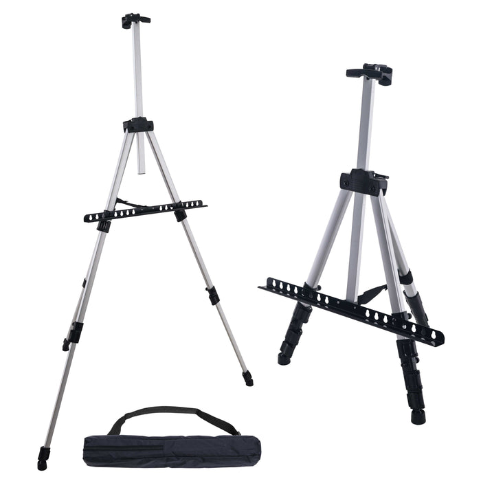 66" Sturdy Silver Aluminum Tripod Artist Field & Display Easel Stand - Adjustable Height 20" to 5.5 ft, Holds 32" Canvas, Floor Tabletop Display Paint