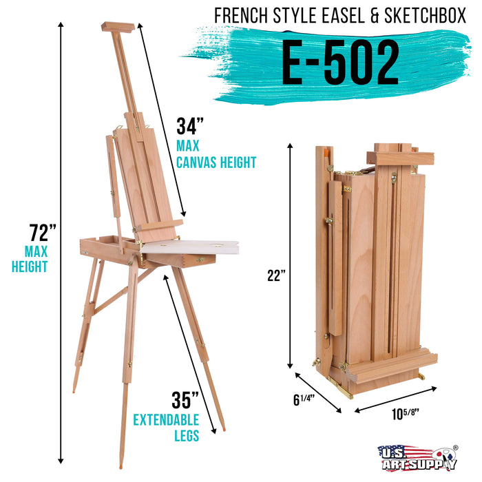 Coronado Small Box Wooden French Style Field & Studio Sketchbox Easel with Drawer, Beechwood, Artist Palette - Adjustable Wood Tripod Easel Stand