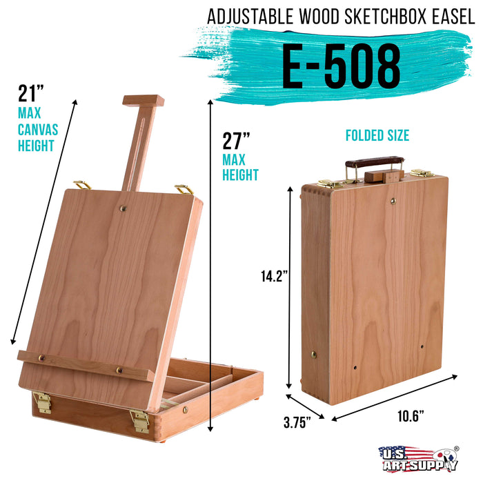 Antigua Adjustable Wood Table Sketchbox Easel, Premium Beechwood - Portable Wooden Artist Desktop Storage Case - Store Paint, Box for Painting Drawing