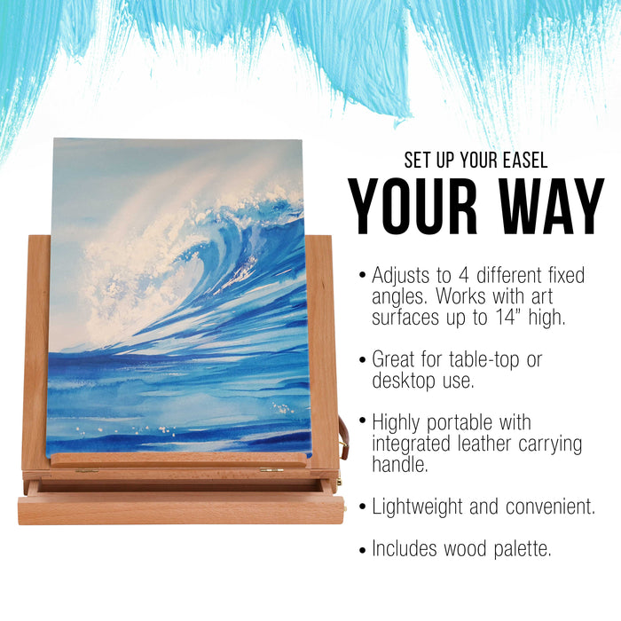 Solana Adjustable Wood Desk Table Easel with Storage Drawer, Paint Palette, Premium Beechwood - Portable Wooden Artist Desktop, Board for Canvas