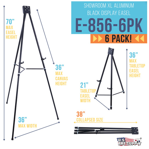 70" High Showroom XL Aluminum Display Easel (Pack of 6) - Heavy Duty Extra Large Black Presentation Stand, Adjustable Portable Floor Tabletop Tripod