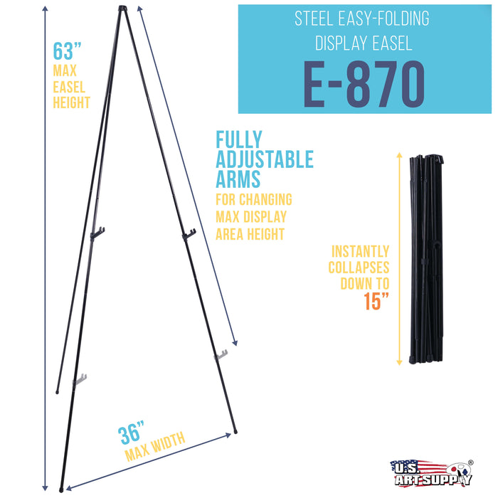 63" High Steel Easy Folding Display Easel - Quick Set-Up, Instantly Collapses, Adjustable Height Display Holders - Portable Tripod Stand, Event Signs
