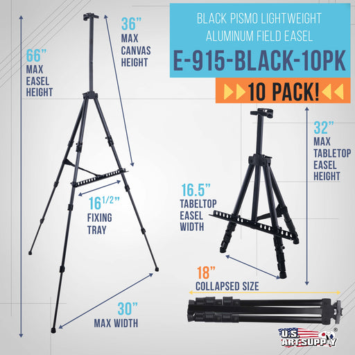 U.S. Art Supply 66" Black Metal Tripod Easel Display (10 Pack) - Adjustable 20"- 5.5', Holds 32" Canvas - Floor/Tabletop Easel Stand, For Sign Display, Painting, Poster Board, Canvas - Portable Bag