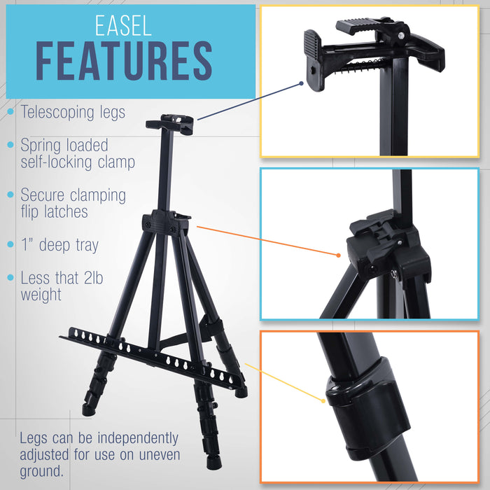 U.S. Art Supply 66" Black Metal Tripod Easel Display (4 Pack) - Adjustable 20"- 5.5', Holds 32" Canvas - Floor/Tabletop Easel Stand, For Sign Display, Painting, Poster Board, Canvas - Portable Bag