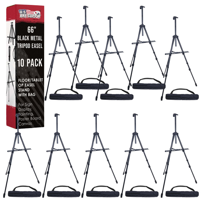 U.S. Art Supply 66" Black Metal Tripod Easel Display (10 Pack) - Adjustable 20"- 5.5', Holds 32" Canvas - Floor/Tabletop Easel Stand, For Sign Display, Painting, Poster Board, Canvas - Portable Bag