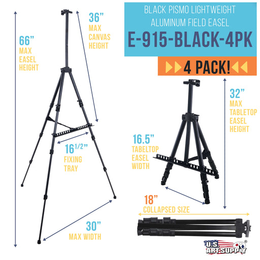 66" Sturdy Aluminum Tripod Artist Field and Display Easel Stand (Pack of 4) - Adjustable Height 20" to 5.5 Feet, Holds Up To 32" Canvas, Floor Tabletop Display