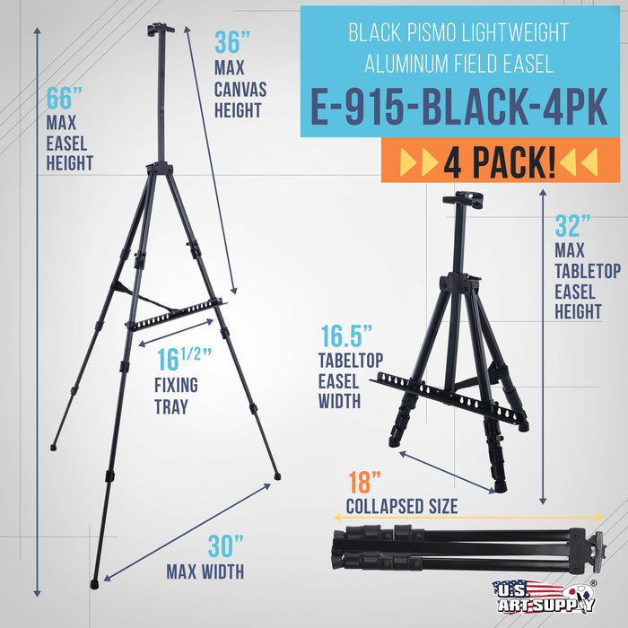 U.S. Art Supply 66" Black Metal Tripod Easel Display (4 Pack) - Adjustable 20"- 5.5', Holds 32" Canvas - Floor/Tabletop Easel Stand, For Sign Display, Painting, Poster Board, Canvas - Portable Bag
