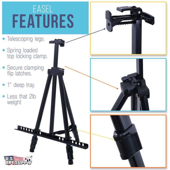 66" Sturdy Aluminum Tripod Artist Field and Display Easel Stand - Adjustable Height 20" to 5.5 Feet, Holds Up To 32" Canvas, Floor Tabletop Display