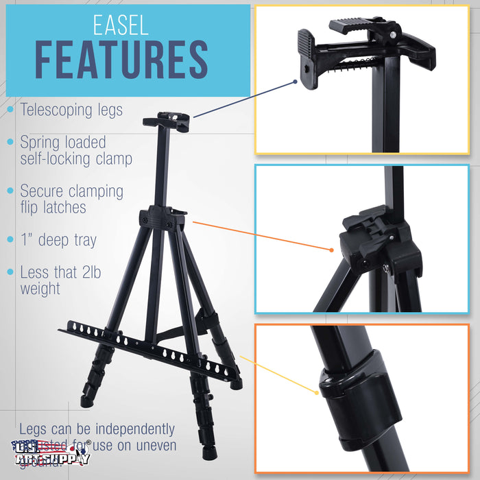 U.S. Art Supply 66" Black Metal Tripod Easel Display - Adjustable 20"- 5.5', Holds 32" Canvas - Floor/Tabletop Easel Stand, For Sign Display, Painting, Poster Board, Canvas - Portable Bag