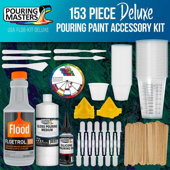 1 Quart Floetrol Additive Pouring Supply Paint Medium Deluxe Kit for Mixing, Stain, Epoxy, Resin - Silicone Oil, Plastic Cups, Mini Painting Stands