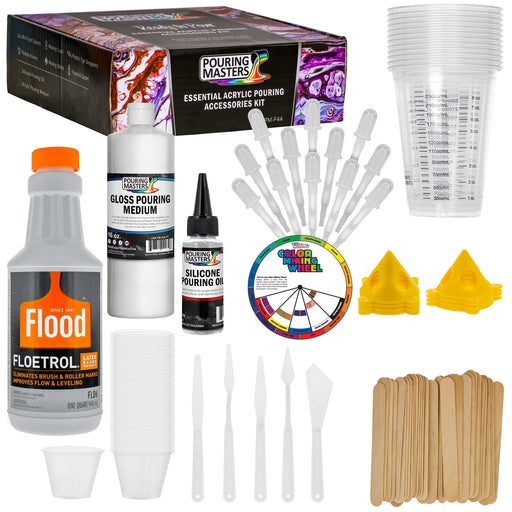 1 Quart Floetrol Additive Pouring Supply Paint Medium Deluxe Kit for Mixing, Stain, Epoxy, Resin - Silicone Oil, Plastic Cups, Mini Painting Stands