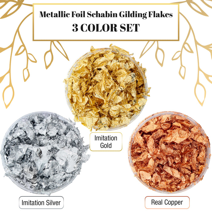 Metallic Foil Schabin Gilding Metal Leaf Flakes Kit - 3 Colors Imitation Gold and Silver, Real Copper in 10 Gram Bottles - Epoxy Resin