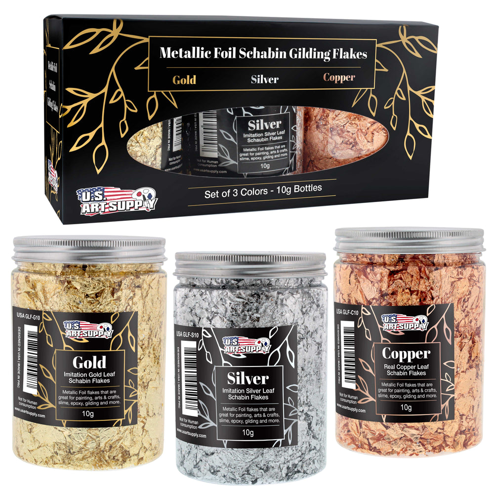 Metallic Foil Schabin Gilding Metal Leaf Flakes Kit - 3 Colors Imitation Gold and Silver, Real Copper in 10 Gram Bottles - Epoxy Resin