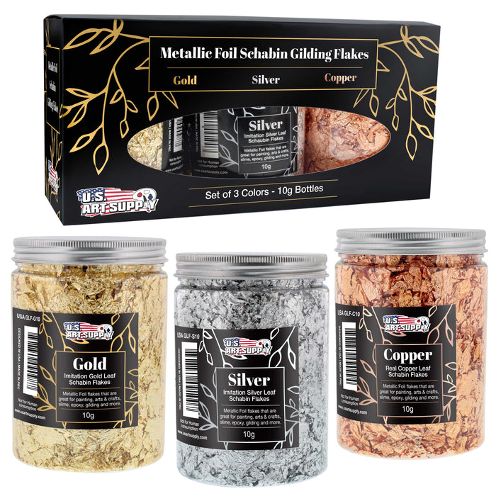 Metallic Foil Schabin Gilding Metal Leaf Flakes Kit - 3 Colors Imitation Gold and Silver, Real Copper in 10 Gram Bottles - Epoxy Resin