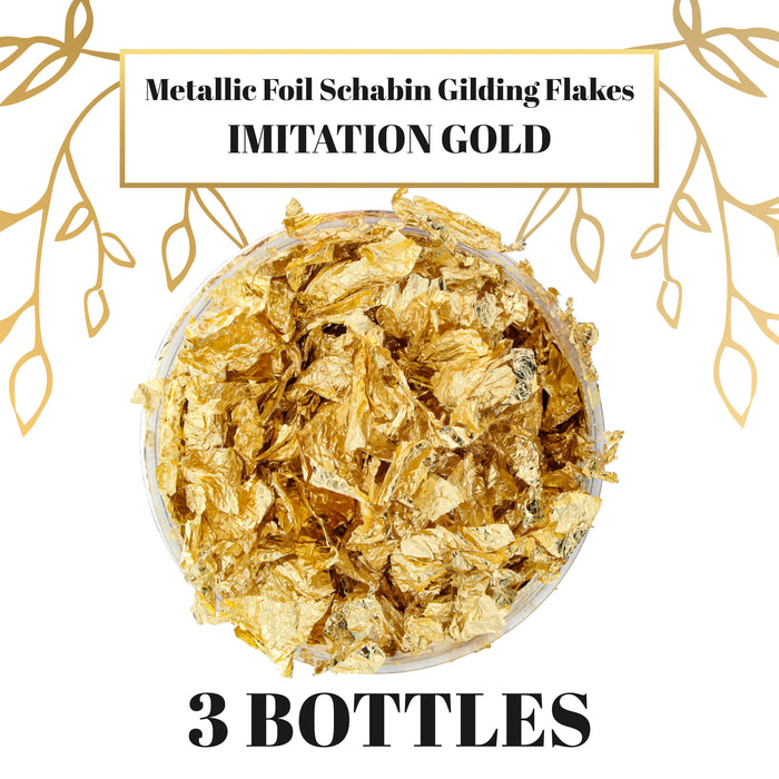 U.S. Art Supply Metallic Foil Schabin Gilding Imitation Gold Leaf Flakes, 3 Bottles - Gild Picture Frames, Decorate Epoxy Resin, Nails, Jewelry