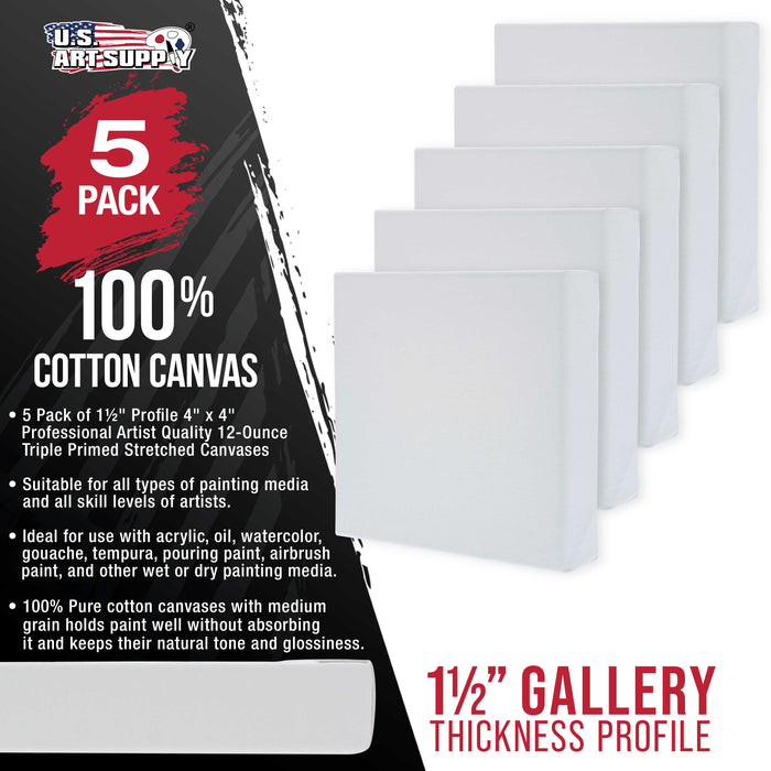 4 x 4 inch Gallery Depth 1-1/2" Profile Stretched Canvas, 5-Pack - 12-Ounce Acrylic Gesso Triple Primed, - Professional Artist Quality, 100% Cotton