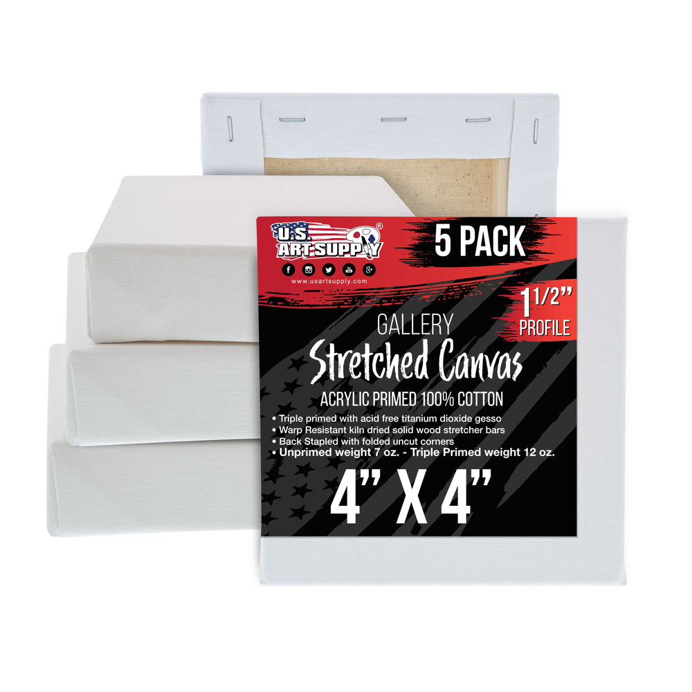 4 x 4 inch Gallery Depth 1-1/2" Profile Stretched Canvas, 5-Pack - 12-Ounce Acrylic Gesso Triple Primed, - Professional Artist Quality, 100% Cotton