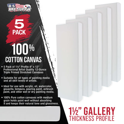 5-Pack Bulk White Stretched Canvas for Painting 4" x 12" Gallery Depth 1-1/2" Profile - Professional Artist Quality, 100% Cotton 12-Ounce Gesso Triple Primed for Acrylic Pouring, Oil
