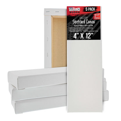 5-Pack Bulk White Stretched Canvas for Painting 4" x 12" Gallery Depth 1-1/2" Profile - Professional Artist Quality, 100% Cotton 12-Ounce Gesso Triple Primed for Acrylic Pouring, Oil