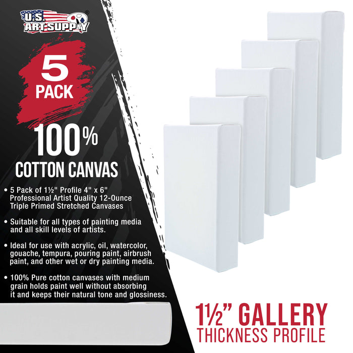 5 x 7 inch Gallery Depth 1-1/2" Profile Stretched Canvas, 5-Pack - 12-Ounce Acrylic Gesso Triple Primed, - Professional Artist Quality, 100% Cotton