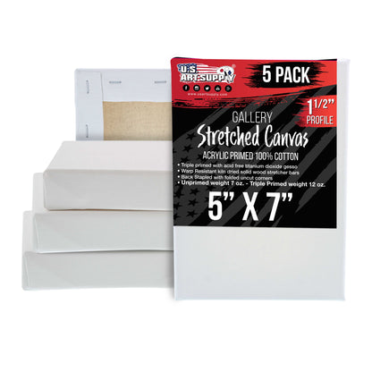 5 x 7 inch Gallery Depth 1-1/2" Profile Stretched Canvas, 5-Pack - 12-Ounce Acrylic Gesso Triple Primed, Professional Artist Quality, 100% Cotton - Acrylic Pouring, Oil Painting