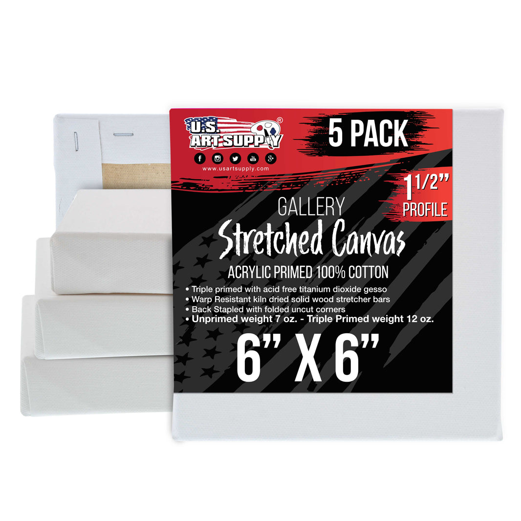 Square Stretched Canvas for Painting 6x6 inch Gallery Depth 1-1/2" Thick, 5-Pack - 12oz Acrylic Gesso Triple Primed, Professional Artist Quality, 100% Cotton - Pouring, Oil Paint