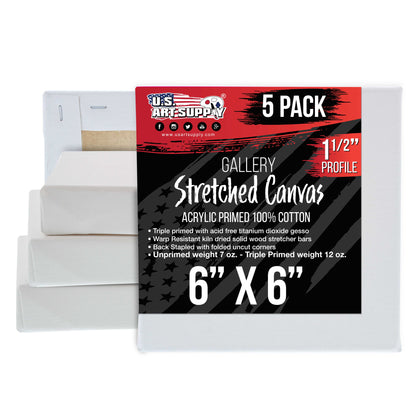 Square Stretched Canvas for Painting 6x6 inch Gallery Depth 1-1/2" Thick, 5-Pack - 12oz Acrylic Gesso Triple Primed, Professional Artist Quality, 100% Cotton - Pouring, Oil Paint