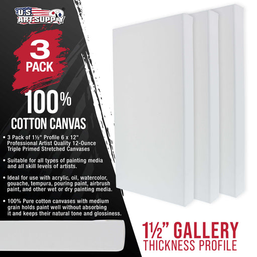6 x 12 inch Gallery Depth 1-1/2" Profile Stretched Canvas, 3-Pack - 12-Ounce Acrylic Gesso Triple Primed, - Professional Artist Quality, 100% Cotton