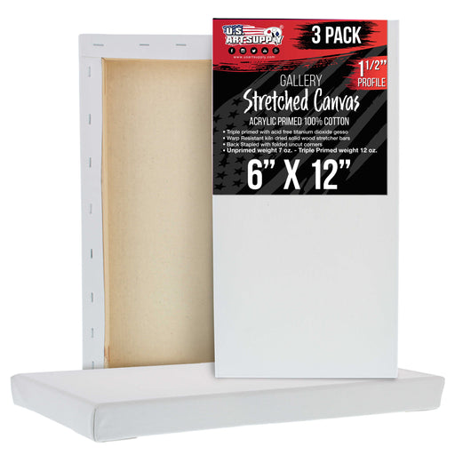 6 x 12 inch Gallery Depth 1-1/2" Profile Stretched Canvas, 3-Pack - 12-Ounce Acrylic Gesso Triple Primed, - Professional Artist Quality, 100% Cotton