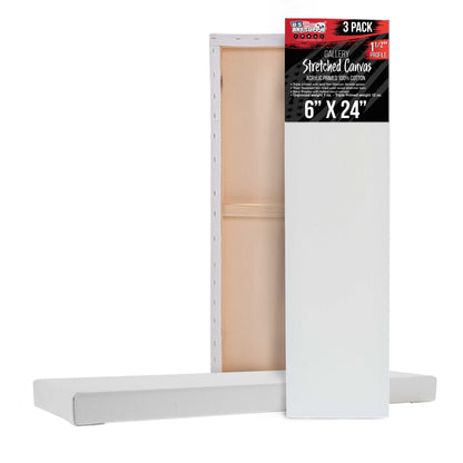 Long Stretched Canvas for Painting 6x24 inch Gallery Depth 1-1/2" Thick, 3-Pack - 12oz Acrylic Gesso Triple Primed, Professional Artist Quality, 100% Cotton - Pouring, Oil Paint