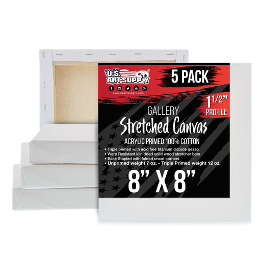 8 x 8 inch Gallery Depth 1-1/2" Profile Stretched Canvas, 5-Pack - 12-Ounce Acrylic Gesso Triple Primed, - Professional Artist Quality, 100% Cotton